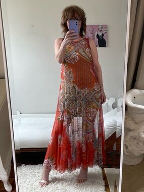BIYA JOHNNYWAS ORANGE SLEEVELESS MESH SHEER MAXI DRESS PAISLEY PRINT FLORAL